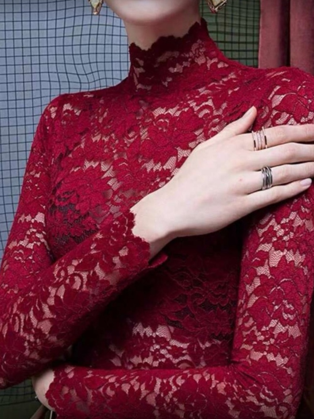 Red Lace High-Neck Long Sleeve Top